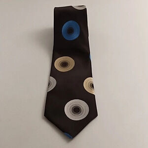 Vintage Oleg Cassini Wide Tie Retro 70's Circle Print Brown Blue Tan Grey